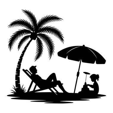 Kızı kumdan kale inşa ederken sahil sandalyesinde palmiye ağacı ve şemsiyenin altında dinlenen bir babanın silüet sanatı.