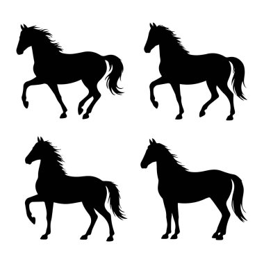 Çeşitli dinamik pozlarda dört siyah at siluetinin vektör sanatı beyaz bir arkaplanda izole edilmiş güç ve zarafeti temsil ediyor.