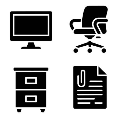 Ofis simgeleri koleksiyonunun vektör sanatı, bir bilgisayar monitörü, dönen sandalye, dosya dolabı, ve ataç ile döküman, beyaz üzerine izole