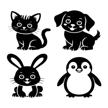 Beyaz arka planda kedi, köpek, tavşan ve penguen gibi sevimli hayvan siluetleri koleksiyonu.