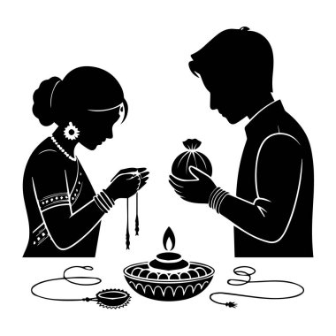 Bir festival sırasında hediye alışverişi yapan çiftlerin silüet sanatı, bir diya ve mücevher, gelenek ve birlikteliği sembolize ediyor.