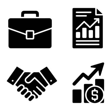 Bir evrak çantası, mali tablo, tokalaşma ve beyaz arka planda izole edilmiş dolar işaretli büyüme oku da dahil olmak üzere iş simgelerinin vektör sanatı