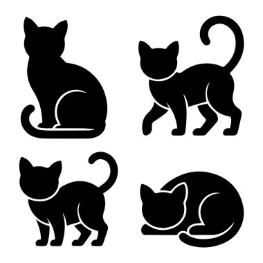 Beyaz arka planda izole edilmiş dört siyah kedi siluetinin vektör sanatı