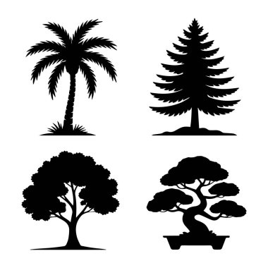 Beyaz arka planda palmiye, kozalak, yaprak döken ve bonsai içeren ağaç siluetleri koleksiyonu.