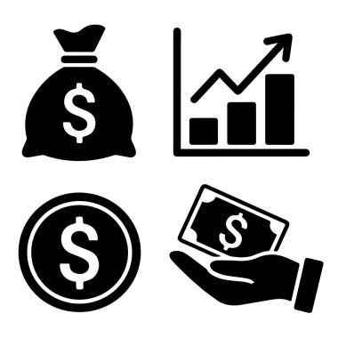 Para çantası, grafik, bozuk para ve banknot gibi finansal simgelerin vektör sanatı beyaz arka planda izole edildi