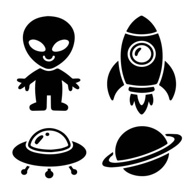 Uzaylı, roket, UFO ve halkaları olan beyaz arka planda izole bir gezegen içeren uzay ve uzaylı simgelerinin oluşturduğu vektör sanatı