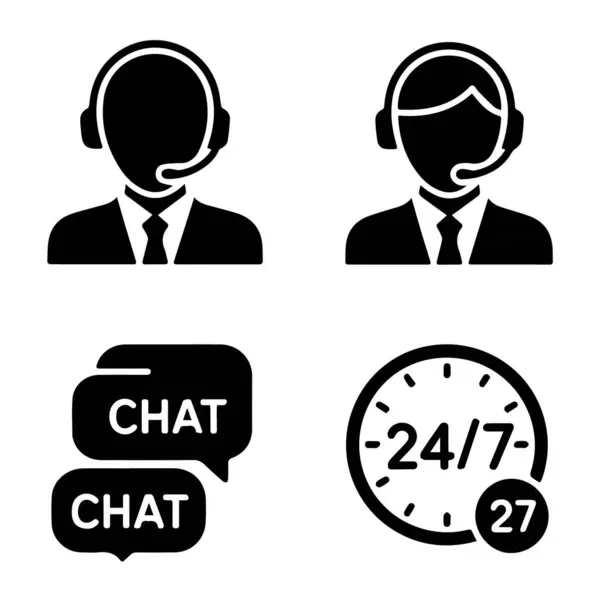 Beyaz arkaplanda izole edilmiş kulaklık, sohbet baloncukları ve 247 saat ile müşteri hizmetleri ikonlarının vektör sanatı