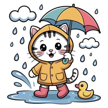 Yağmurluk ve bot giyen, yağmurda şemsiye tutan, su birikintisinde lastik ördek tutan sevimli çizgi film kedisinin vektör sanatı.