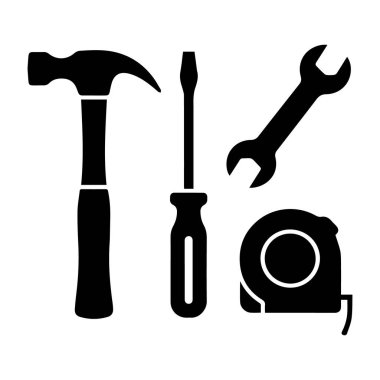 Siyah siluet simgeleri koleksiyonu vektör sanatı beyaz arka planda izole çekiç, tornavida, anahtar ve mezura, ortak el aletleri temsil