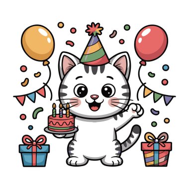 Doğum gününü pasta, parti şapkası, balon ve hediyelerle kutlayan sevimli çizgi film kedilerinin vektör sanatı, beyaz arka planda izole edilmiş.