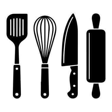 Beyaz arka planda izole edilmiş dört siyah mutfak aletinin vektör sanatı arasında spatula, çırpı, bıçak ve merdane de var.