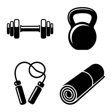 Halter, kettlebell, ip atlama ve yoga minderi gibi beyaz arka planda izole edilmiş spor malzemeleri koleksiyonu.