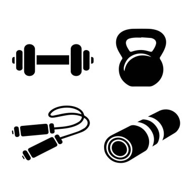 Spor aletleri seti halteri, halat atlama halatı ve beyaz arka planda izole edilmiş yoga minderi.