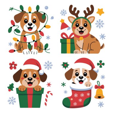 Noel 'i ışık, geyik boynuzu, Noel Baba şapkası ve çoraplarla kutlayan dört sevimli çizgi film köpeğinin vektör sanatı. Bayram kutlamaları için mükemmel.