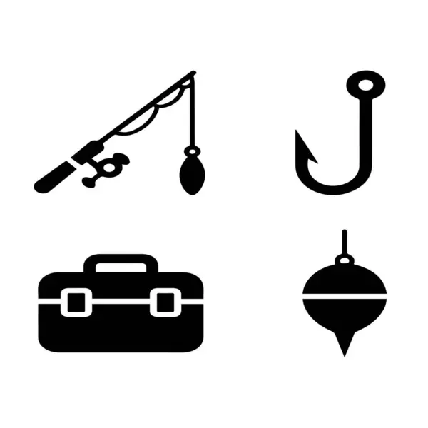 Olta, makara, olta, olta, olta, olta, olta ve bobber gibi balıkçılık ekipmanlarını temsil eden siyah ve beyaz simgelerden oluşan bir vektör sanatı.