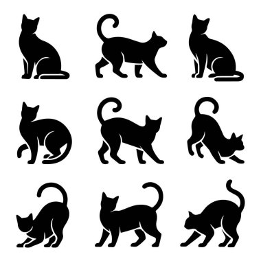 Dokuz siyah kedi siluetinin vektör sanatı farklı pozlar ve hareketler sergiliyor, temiz beyaz arka planda izole edilmiş.