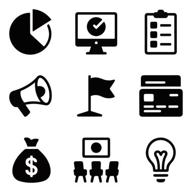 Beyaz arka planda izole edilmiş analitik, iletişim ve strateji de dahil olmak üzere dokuz siyah beyaz işletme ve finans ikonunun vektör sanatı