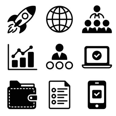 Beyaz arka planda izole edilmiş, iş büyümesini, küresel bağlantıyı, takım çalışmasını, finansal yönetimi ve teknolojiyi sembolize eden siyah beyaz daire simgelerinin vektör sanatı