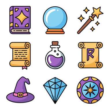 Büyü kitabı, kristal küre, sihirli değnek, kaydırma, iksir, mühür, cadı şapkası, elmas ve pusula içeren sihir ve fantezi simgeleri koleksiyonu.