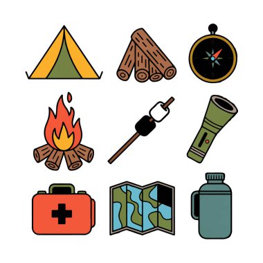 Kamp, ahşap, pusula, yangın, lokum, el feneri, ilk yardım çantası, harita ve su şişesi de dahil olmak üzere...