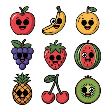 Yüzleri elma, muz, portakal, üzüm, çilek, karpuz, ananas, kivi ve beyaz arka planda izole edilmiş kivi içeren şirin çizgi film meyvelerinin vektör sanatı