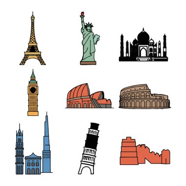 Eyfel Kulesi, Özgürlük Heykeli, Tac Mahal ve Colosseum da dahil olmak üzere ünlü dünya simgelerinin ve mimari simgelerin vektör sanatı beyaz arka planda izole edilmiştir.