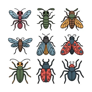 Beyaz arka planda karınca, arı, böcek, kelebek, çekirge, uğur böceği, sivrisinek, örümcek ve solucan gibi dokuz renkli böcek koleksiyonu.