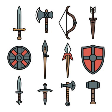 Ortaçağ silahları ve zırhlarının toplanma sanatı, beyaz bir arka planda izole edilmiş kılıçlar, baltalar, yaylar, kalkanlar ve mızraklar da dahil.
