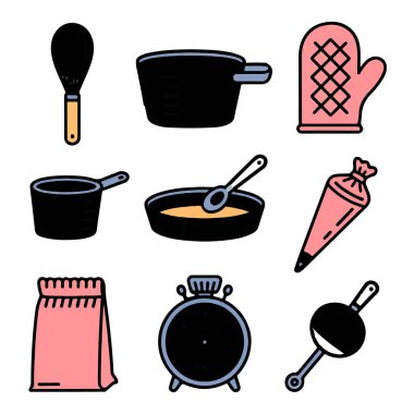 Mutfak aletlerinin vektör sanatı ve tencere, kap, çırpı, fırın eldiveni, boru torbası ve beyaz arkaplanda izole edilmiş zamanlayıcı gibi pişirme araçları