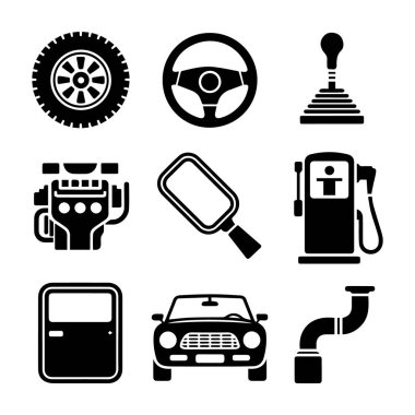 Araba parçaları ve aksesuar koleksiyonu vektör sanatı beyaz arka planda izole edilmiş tekerlek, direksiyon, motor, yakıt pompası, kapı ve egzoz borusu