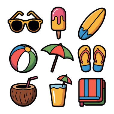 Yaz tatili ikonlarının vektör sanatı güneş gözlüğü, sörf tahtası, plaj topu, şemsiye, hindistan cevizi içeceği ve havlu, beyaz üzerine izole edilmiş.