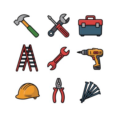 Çekiç, anahtar, matkap, merdiven ve beyaz arka planda izole edilmiş alet çantası da dahil olmak üzere inşaat ve onarım araçlarının vektör sanatı