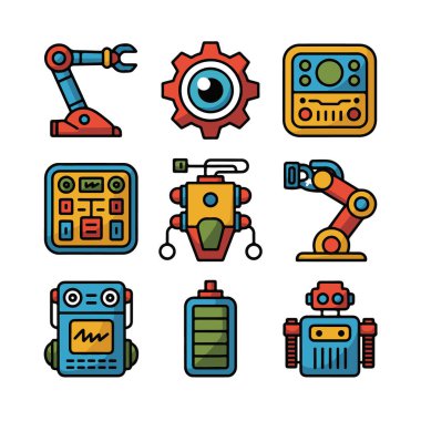 Robotik kol, dişli göz, kontrol paneli, ai ve batarya gibi robot ve otomasyon simgelerinin toplanma sanatı beyaz arka planda izole edilmiştir.