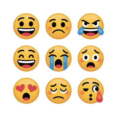 Mutluluk, üzüntü, öfke, şaşkınlık, aşk ve ağlama gibi duyguları beyaz bir arka planda izole eden dokuz anlamlı emoji yüzlü vektör sanatı