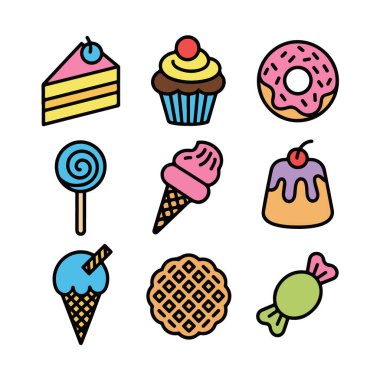 Pasta, kek, çörek, lolipop, dondurma külahı, waffle ve şeker içeren renkli çizgi film koleksiyonu. Beyaz arka planda izole edilmiş.