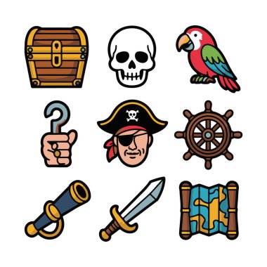 Hazine sandığı, kafatası, papağan, kanca el, korsan şapkası, tekerlek, dürbün, dürbün, kılıç ve harita, beyaz arka planda izole edilmiş.