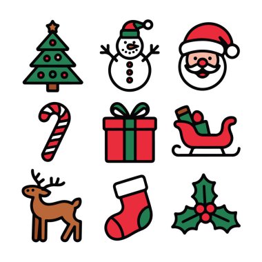 Ağaç, kardan adam, noel baba, şeker kamışı, hediye, kızak, ren geyiği, çorap ve kutsal, beyaz arka planda izole edilmiş