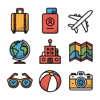 Seyahat, pasaport, uçak, dünya, harita, güneş gözlüğü, plaj topu ve kamera gibi seyahat ve tatil simgelerinin toplanma sanatı beyaz arka planda izole edilmiştir.