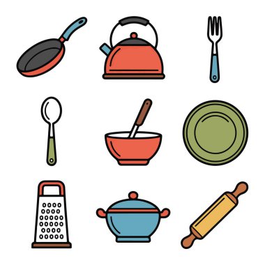 Mutfak gereçleri ve pişirme ekipmanlarının vektör sanatı, kızartma tavası, çaydanlık, çatal, kaşık, kase, tabak, rende ve merdane de dahil, beyaz arka planda izole edilmiş.