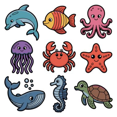 Yunus, balık, ahtapot, denizanası, yengeç, denizyıldızı, balina, deniz atı ve kaplumbağa gibi şirin deniz hayvanlarının toplanma sanatı beyaz arka planda izole edilmiştir.