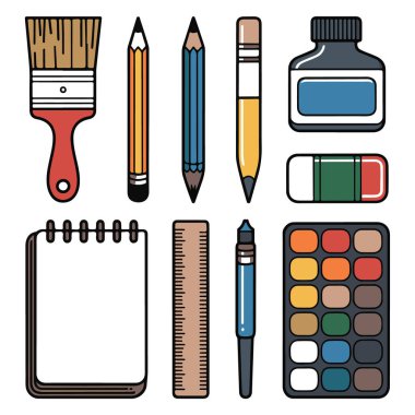Beyaz arkaplana izole edilmiş kalem, kalem, boya paleti, cetvel, silgi ve defter gibi sanat eserleri ve çizim malzemeleri.
