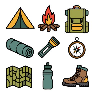 Kamp, sırt çantası, uyku tulumu, el feneri, pusula, harita, su şişesi ve beyaz arka planda izole edilmiş bot da dahil olmak üzere kamp ve yürüyüş malzemelerinin vektör sanatı