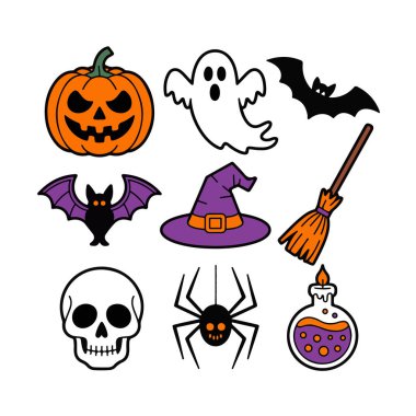 Cadılar Bayramı ikonları koleksiyonu vektör sanatı bir balkabağı, hayalet, yarasa, cadı şapkası, süpürge, kafatası, örümcek ve iksir şişesi, beyaz arka planda izole