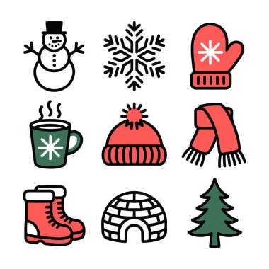 Beyaz arka planda kardan adam, kar tanesi, eldiven, kupa, şapka, atkı, bot, iglo ve noel ağacı içeren bir ikon koleksiyonu.