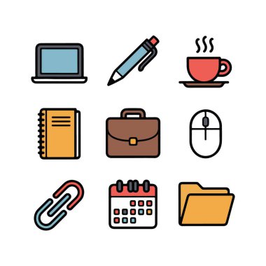 Ofis, kalem, kahve fincanı, defter, evrak çantası, fare, ataç, takvim ve klasör gibi ofis ve iş simgelerinin toplanması
