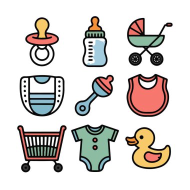 Emzik, şişe, puset, çıngırak, giysi, alışveriş arabası ve ördek içeren bebek bakımı ve temel ikonları beyaz arka planda izole edilmiş vektör sanatı