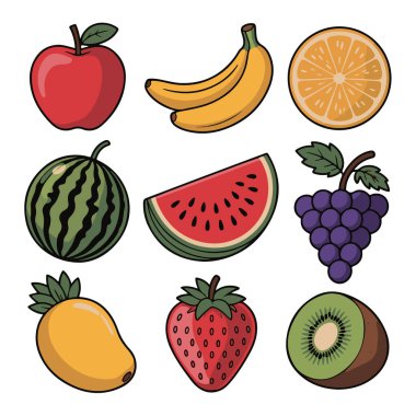 Beyaz arka planda izole edilmiş elma, muz, portakal, karpuz, üzüm, mango, çilek ve kivi gibi taze ve olgun meyvelerin vektör sanatı