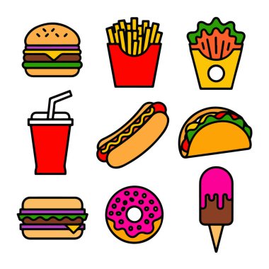 Hamburger, patates kızartması, içecek, sosisli sandviç, taco, çörek ve dondurma gibi popüler fast food ikonlarının beyaz arka planda izole edilmiş...