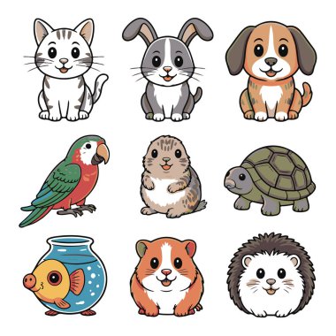 Kedi, köpek, tavşan, papağan, kaplumbağa, hamster, kirpi ve beyaz arka planda izole edilmiş balık içeren bir dizi şirin çizgi film hayvanının vektör sanatı.