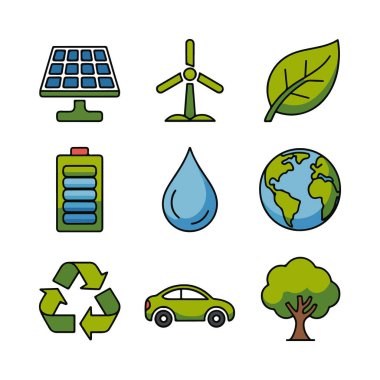 Güneş paneli, rüzgar türbini, yaprak, pil, su damlası, toprak, geri dönüşüm sembolü, elektrikli araba ve ağaç gibi ekolojik enerji ve çevre ikonları içeren vektör sanatı beyaz arka planda izole edilmiştir.